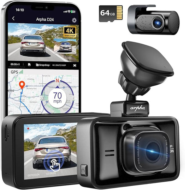 Arpha D24 4K Dash Cam Front and Rear 4K/1080P, Free 64GB Card, Built-in 5G WiFi GPS, 3'' Touch Screen Voice Control Car Camera, WDR Night Vision, Parking Mode G-Sensor Loop Recording