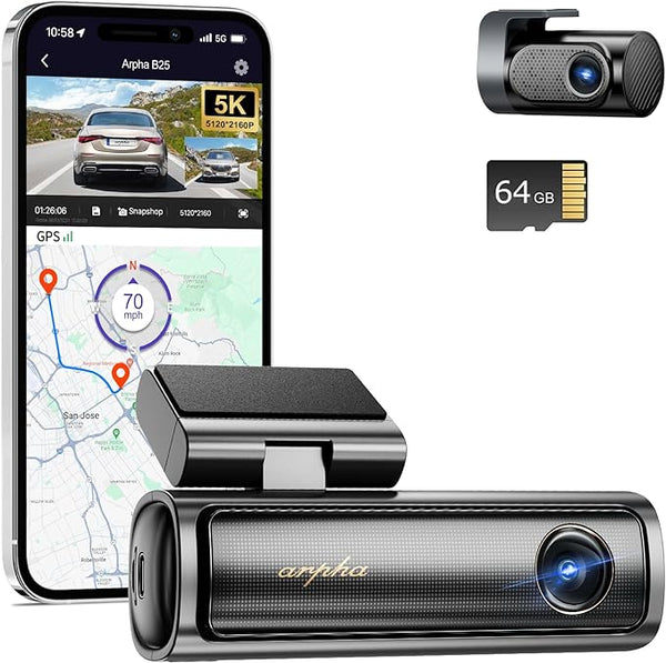 Arpha B25 5K Dash Cam with 5G WiFi Free 64GB SD Card, ADAS Dash Cam Front and Rear GPS, Voice Control WDR Night Vision G-Sensor 24H Parking Monitor, Easy to Install