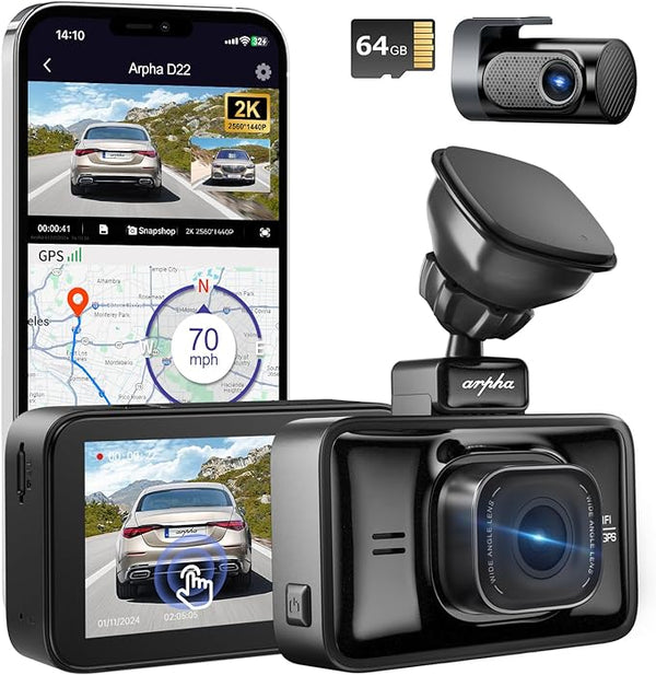 Arpha D22 Dash Cam Front and Rear 2K/1080P, Free 64GB Card, Built-in WiFi GPS, Smart Voice Control, 3'' Touch Screen, WDR Night Vision, G-Sensor Parking Mode, Loop Recording