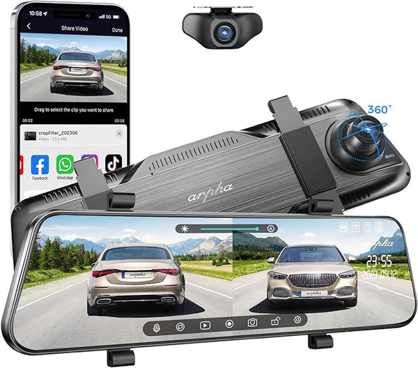Arpha E21 Mirror Dash Cam with WiFi, 10'' Rear View Mirror Full Touch Screen Camera, Dash Cam Front 1080P and Rear 720P, Loop Recording 24H Parking Mode, WDR, Easy to Install, Max Up Suppor to 128GB