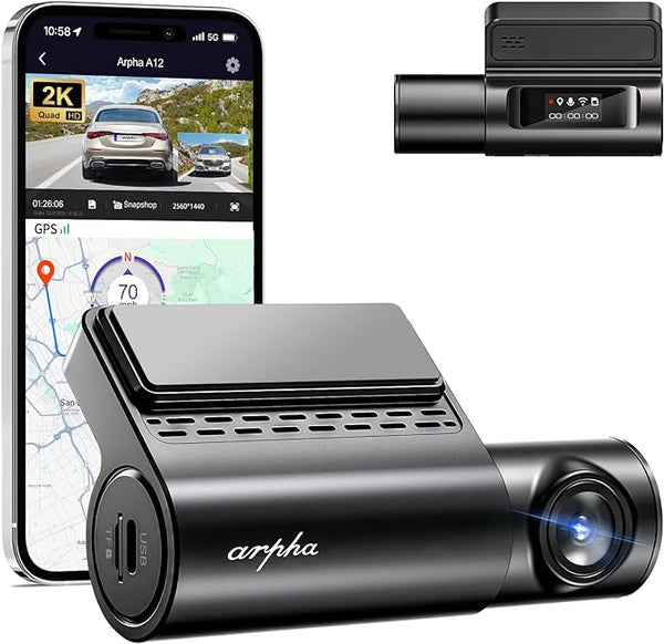 Arpha A12 2K WiFi Front Dash Camera, 150° Wide Angle Mini Dash Cam with APP Voice Control, Fatigue Driving Reminder, GPS Night Vision Dashboard Camera, 24H Packing Mode, Support 256GB Max