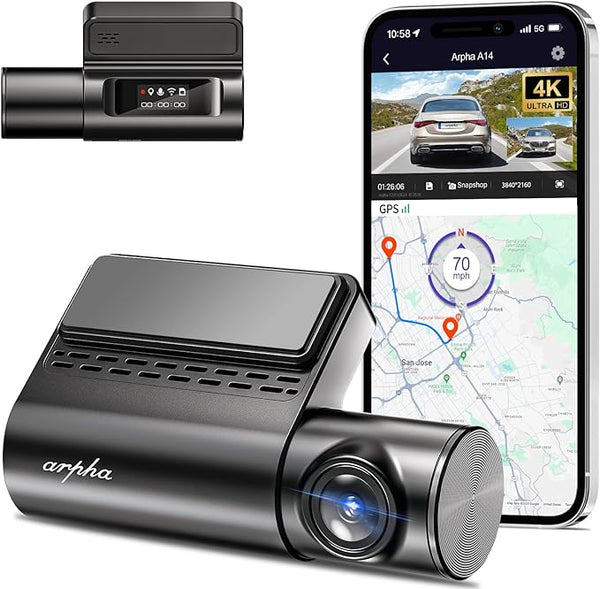 Arpha A14 WiFi 4K Dash Cam Front 3840x2160P UHD, Voice Control Dashcam for Cars, 150° Wide Angle Car Dash Camera with Free APP