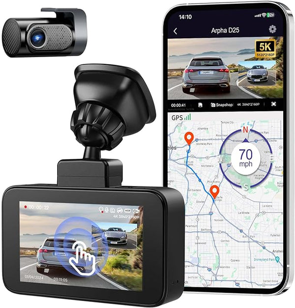 Arpha D25 5K Dash Cam Front and Rear, Built-in 128G eMMC, 5G WiFi Voice APP Control, Dual Dash Camera for Car 4K+1080P with 3'' Touch Screen,WDR Excellent Night Vision, 24H Parking Mode G-Sensor